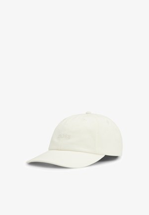 Cappellino da baseball bianco con visiera curva, ricamato con il logo "BOSS" sul pannello anteriore sinistro, mostrato su sfondo bianco.