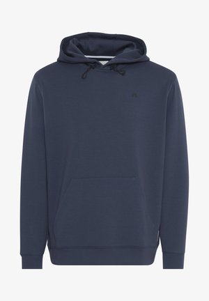 Tumed sinine kapuutsiga dressipluus, mis on valmistatud pehmest kangast. Sellel on ees kenguru tasku, reguleeritav kapuuts ja soonikkoes mansetid ning alumine äär. Rinnal on diskreetne logo.