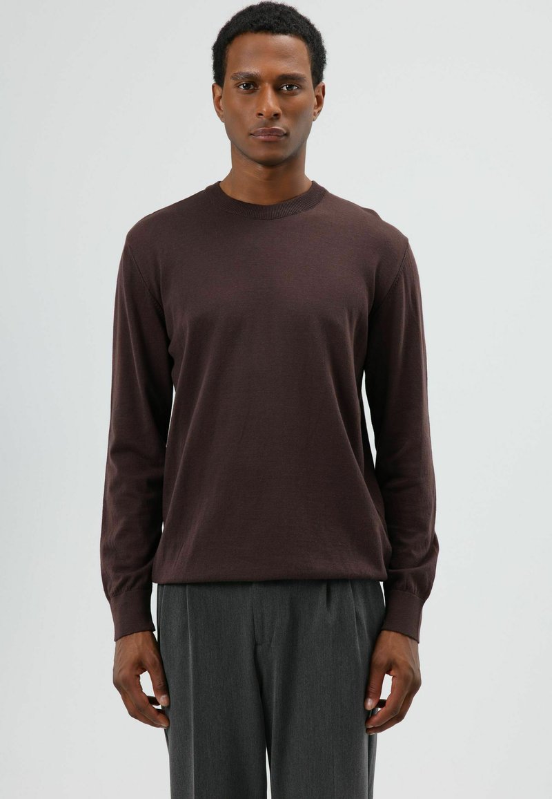 Pull en maille marron à manches longues avec un col rond, porté par un mannequin. Le tissu semble lisse, avec une silhouette ajustée.