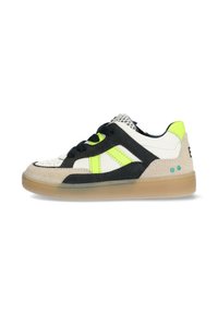 Sneaker with a white, black, and neon green design. Features suede and leather materials, with a textured rubber sole and flat laces.