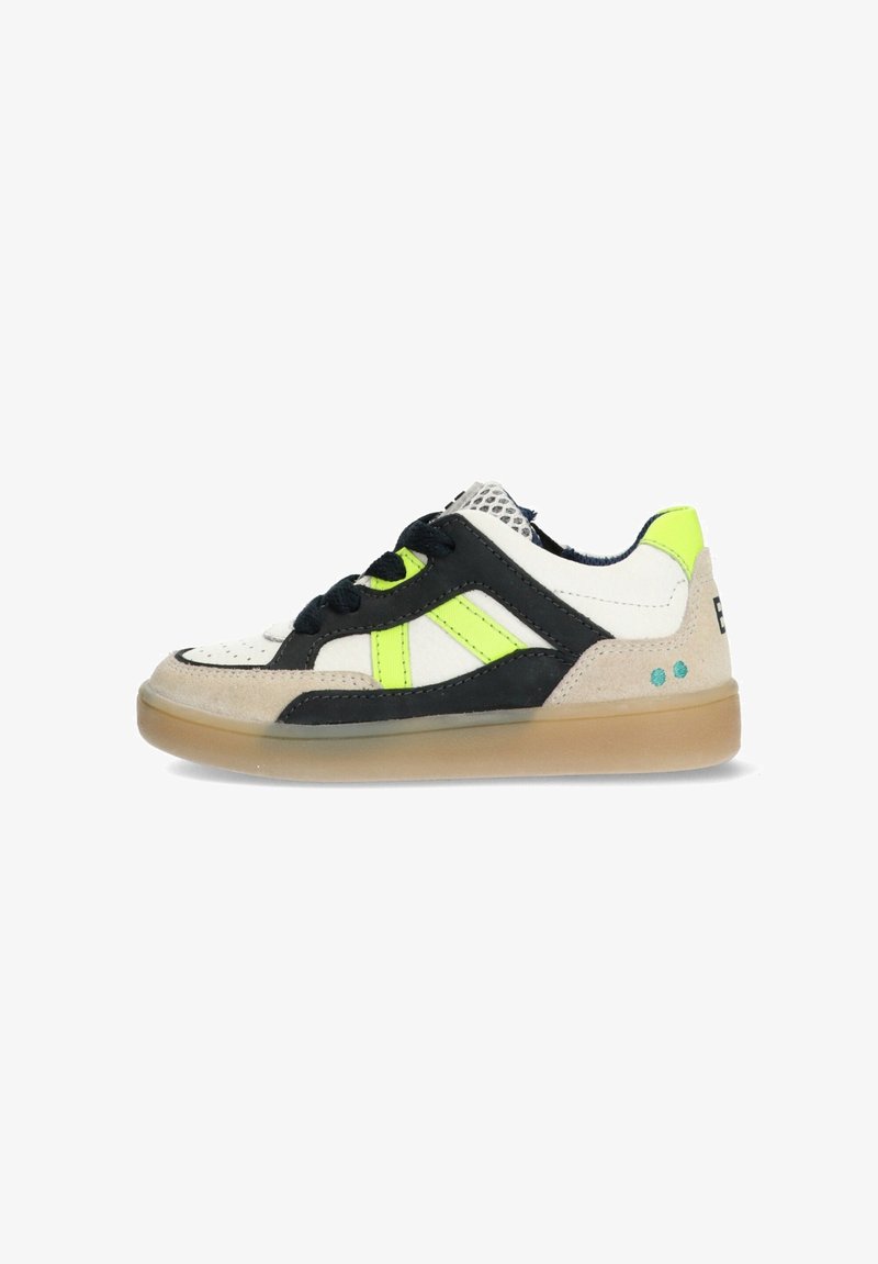 Sneaker with a white, black, and neon green design. Features suede and leather materials, with a textured rubber sole and flat laces.
