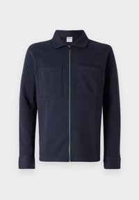 Navy blue zip-up jacket made of soft cotton, featuring a collared neckline and two front patch pockets. Smooth texture with long sleeves.