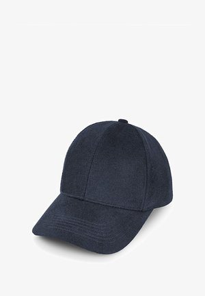 Granatowa wełniana czapka bejsbolowa z ustrukturyzowaną koroną, zakrzywionym daszkiem i sześciopanelowym wzorem. Miękka tekstura z akcentami w postaci szwów.