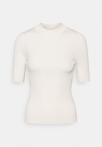 Top aderente a maniche corte in maglia rigata beige chiaro con un collo alto, caratterizzato da una texture liscia e una silhouette svasata.