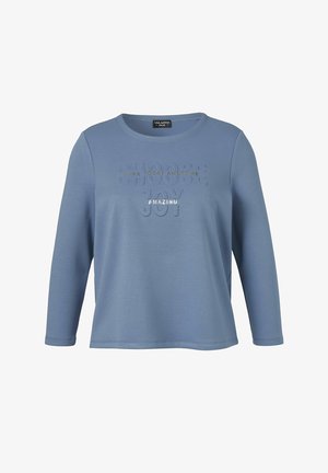 Blauw langemouwshirt van zachte stof met een ronde hals en reliëftekst: "KIES VREUGDE MAKEN DEZE DAG GEWELDIG" met zilveren accenten.