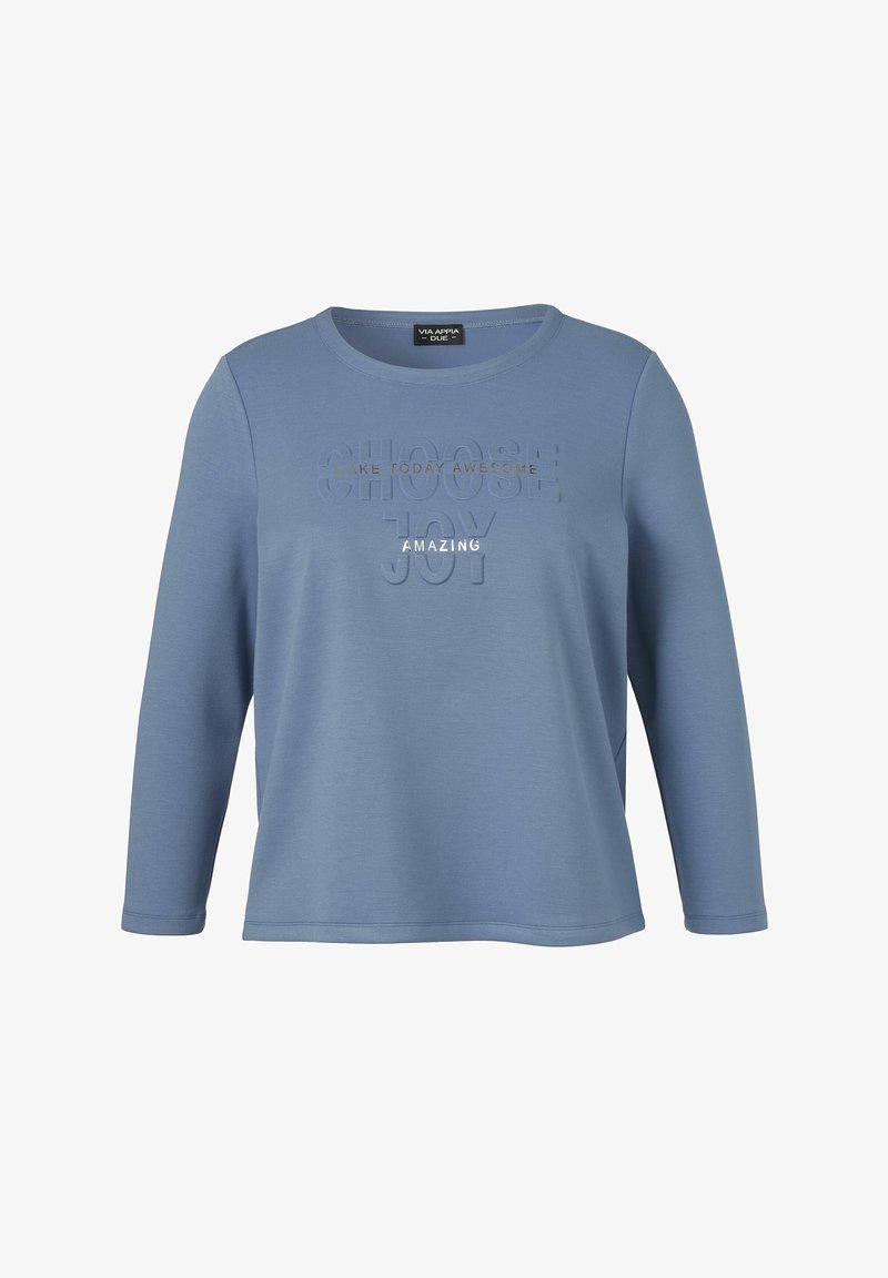 Haut à manches longues bleu fabriqué en tissu doux, avec un col rond et un texte en relief : "CHOISIS LA JOIE REND TON AUJOURD'HUI INCROYABLE" avec des accents argentés.