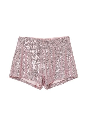 Shorts rosa con paillettes, dotati di un elastico in vita e di una fodera interna liscia, caratterizzati da una texture luccicante e una superficie riflettente.