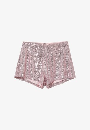 Shorts rosa con paillettes, dotati di un elastico in vita e di una fodera interna liscia, caratterizzati da una texture luccicante e una superficie riflettente.