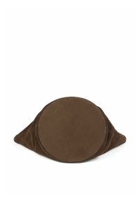 Brown suede cylindrical bag with a flat circular base, soft texture, and a minimalist design shown on a white background.