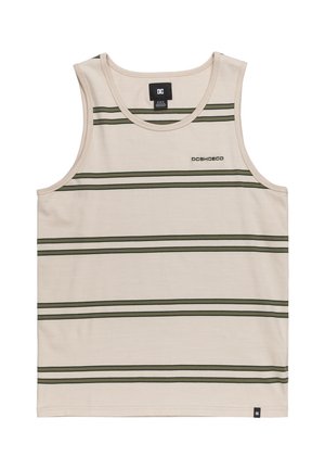 Kerman tank top dengan garis horizontal hijau. Memiliki leher bulat dan logo di bagian kiri depan. Kain tampak halus dan ringan.