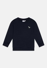 Tamsiai mėlynas ilgos rankovės džemperis, pagamintas iš minkštos medžiagos, su apvaliu kaklu, sutrauktomis rankovėmis ir mažu šviesiai žaliu dinozauru išsiuvinėtu.