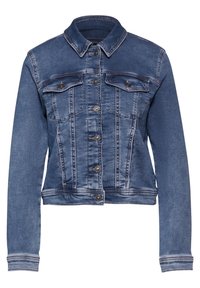 Jeansjacka i ljusblått, med krage, långa ärmar, två bröstfickor med lock och knappstängning fram. Klassisk sliten effekt.