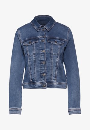 Jeansjacka i ljusblått, med krage, långa ärmar, två bröstfickor med lock och knappstängning fram. Klassisk sliten effekt.