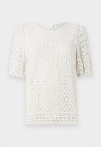 Vitt kortärmad topp i spets med blommönster, med rundad halsringning och en strukturerad, hålmönstrad design över hela.