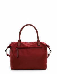 Raudona sintetinio odos rankinė su dviem rankenomis, nuimamu peties dirželiu ir išorine užtrauktuko kišene. Lygi tekstūra su kontrastingais rudos spalvos akcentais.