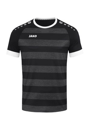 Chemise de sport rayée noire et grise avec un col rond, des manches courtes et des poignets blancs. Présente des accents boutonnés à l'épaule et un logo.