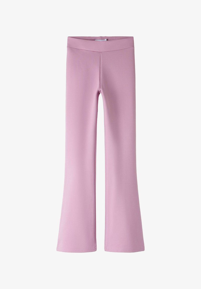 Ljust rosa utsvängda byxor med bred midjeband, sömlig framdel och en mjuk tygstruktur.