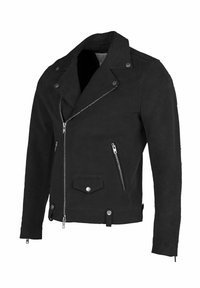 Jachetă de biker din piele întoarsă neagră, cu guler decupat, fermoar dublu frontal, nasturi cu capse, două buzunare laterale cu fermoar și detalii reglabile cu capse la tiv.