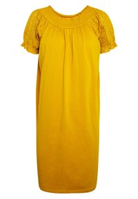Abito giallo con scollatura arricciata, maniche corte a sbuffo con dettagli in pizzo e vestibilità rilassata, realizzato in morbido cotone.