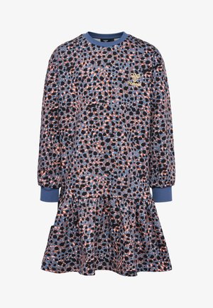 Long-sleeve dress with a round neck, featuring a blue base and multicolored spotted pattern. Ruffled hem and elastic cuffs enhance design.