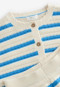 Gestreifter beige und blauer Strickpullover mit rundem Ausschnitt, strukturiertem Stoff und zwei braunen Knöpfen vorne.