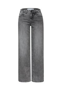 Gefüllte graue Denim-Jeans mit einem verblassten Finish, ausgestattet mit einem Reißverschluss, Knopfverschluss, fünf Taschen und genähten Details entlang der Nähte.