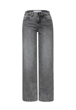 Široké šedé džíny z denimu s vybledlým vzhledem, se zipem, knoflíkovým zapínáním, pěti kapsami a prošívanými detaily podél švů.