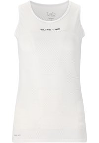 Hvid trænings tanktop med mesh-struktur, rund halsudskæring og "ELITE LAB" branding. Hurtigdrykkende materiale for øget komfort.