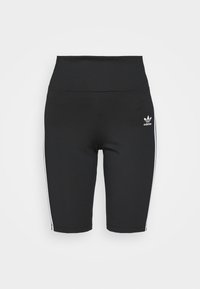 Svarta Adidas cykelshorts med hög midja, vita sidosträck och Adidas trefoil-logotyp på vänstra låret.