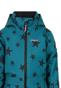 Teal jack met een zwart sterrenpatroon, ritssluiting en roze accenten. Ontworpen met een capuchon en elastische taille voor een goede pasvorm.