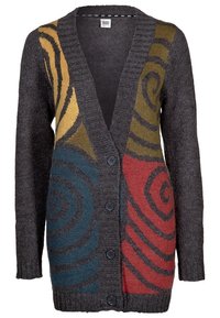Långärmad, öppen cardigan i mörkgrått stickat tyg, med färgglada spiral mönster i gult, teal och röd på framsidan.