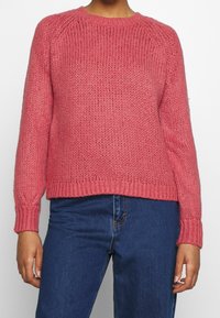 Růžový pletený svetr s kulatým výstřihem, dlouhými rukávy a žebrovanými lemy na rukávech a spodním okraji. Textura je robustní s viditelnými vzory pletení.