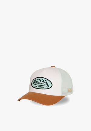 White and light green mesh trucker cap with brown brim and Von Dutch California logo patch on front.