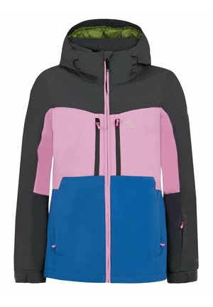 Farbenblockierte Skijacke mit grauem Kapuze, pinken und blauen Paneelen, mit Reißverschlusstaschen und grünem Futter, aus strapazierfähigem Material gefertigt.