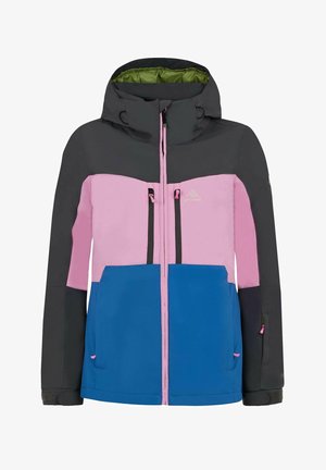 Kleurgebroken skijas met een grijze capuchon, roze en blauwe panelen, ritssluitingen, en een groene voering, gemaakt van een duurzaam materiaal.