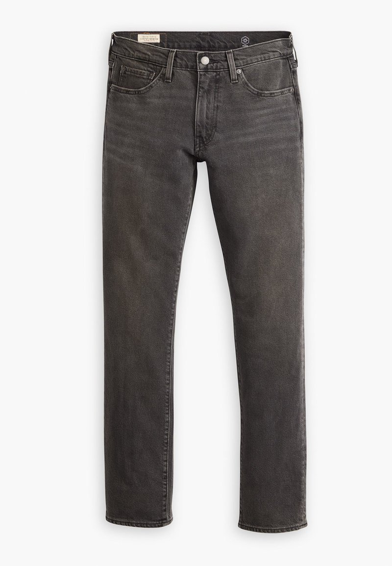 Jeans de mezclilla negra con un corte recto, diseño de cinco bolsillos, costuras en contraste y un cierre de botón clásico en la cintura.