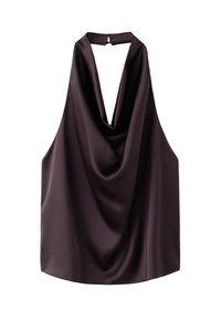 Satin halter top in dark purple. Features a deep V-neck and draped front. Smooth texture with no additional patterns or accents.