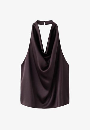 Satin halter top in dark purple. Features a deep V-neck and draped front. Smooth texture with no additional patterns or accents.