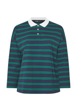 Marineblauwe polo met lange mouwen en witte kraag, voorzien van horizontale groene strepen en een drieknoopsluiting. Gemaakt van zachte katoen.