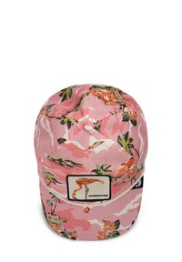 Cappello in tessuto rosa con motivi floreali, con una toppa frontale che raffigura un fenicottero e la scritta "HUNGOVER". Design strutturato con visiera curva.