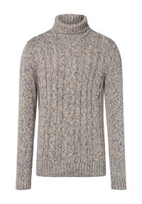 Cable-knit turtleneck sweater in light gray and beige tones, featuring ribbed detailing and long sleeves. Soft texture and relaxed fit.