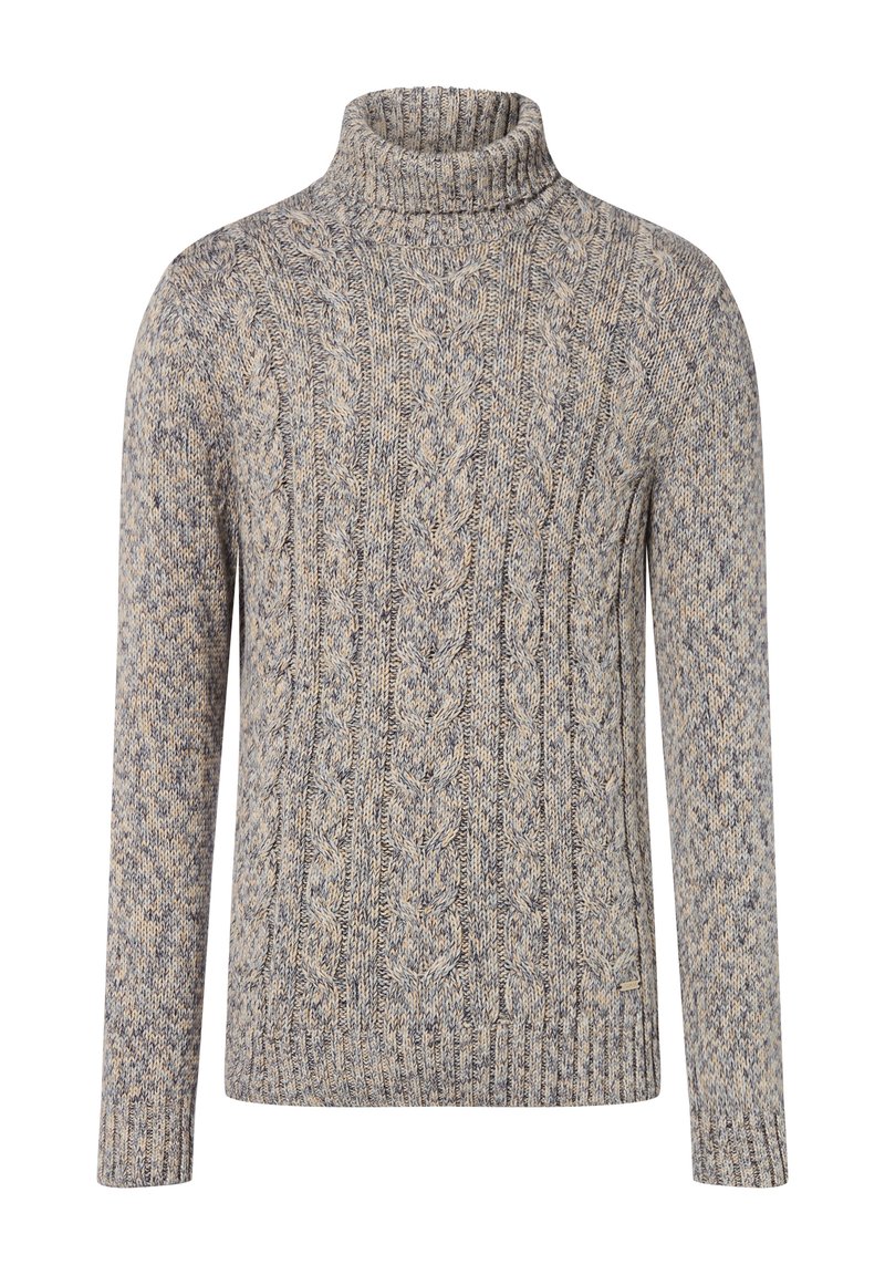 Cable-knit turtleneck sweater in light gray and beige tones, featuring ribbed detailing and long sleeves. Soft texture and relaxed fit.