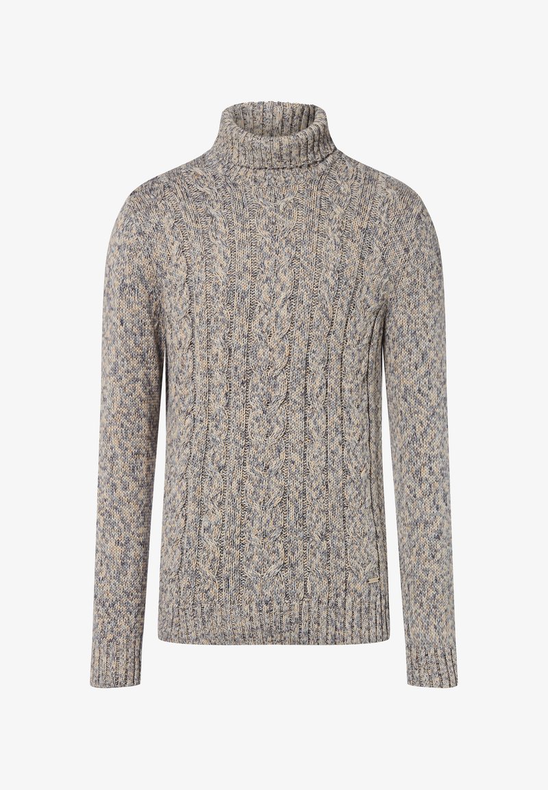 Cable-knit turtleneck sweater in light gray and beige tones, featuring ribbed detailing and long sleeves. Soft texture and relaxed fit.