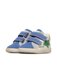 Scarpe per toddler blu e grigie con doppie cinghie in Velcro, suola in gomma e un accento a forma di stella verde. Texture liscia e design con punta arrotondata.