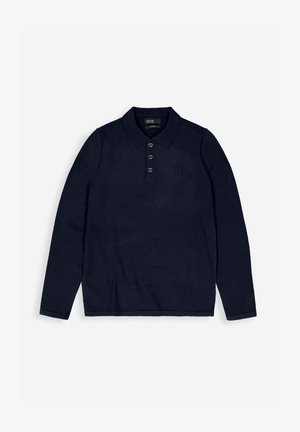 Dunkelblaues Polohemd mit langen Ärmeln, vierknöpfiger Knopfleiste, strukturiertem Kragen und dezentem Logodetail auf der Brust. Weicher, strukturierter Stoff.