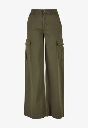 Olive green wide-leg cargo pants with two side pockets, made from a soft, durable fabric. Features detailed stitching and a button closure.