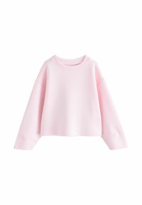 Pink cropped sweatshirt with long sleeves, round neckline, and a soft texture. Features dropped shoulder seams and a minimalistic design.