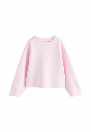 Pink cropped sweatshirt with long sleeves, round neckline, and a soft texture. Features dropped shoulder seams and a minimalistic design.
