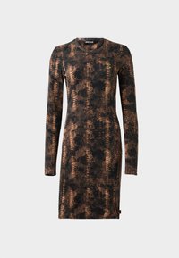 Long-sleeve dress made of soft fabric with a brown and black snake print pattern. Features a round neckline and a fitted shape.