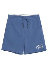 Blå bomullsshorts med elastisk midja och snörning. Har två sidofickor och en vit logotryck som säger "POLO 1992" på framsidan.